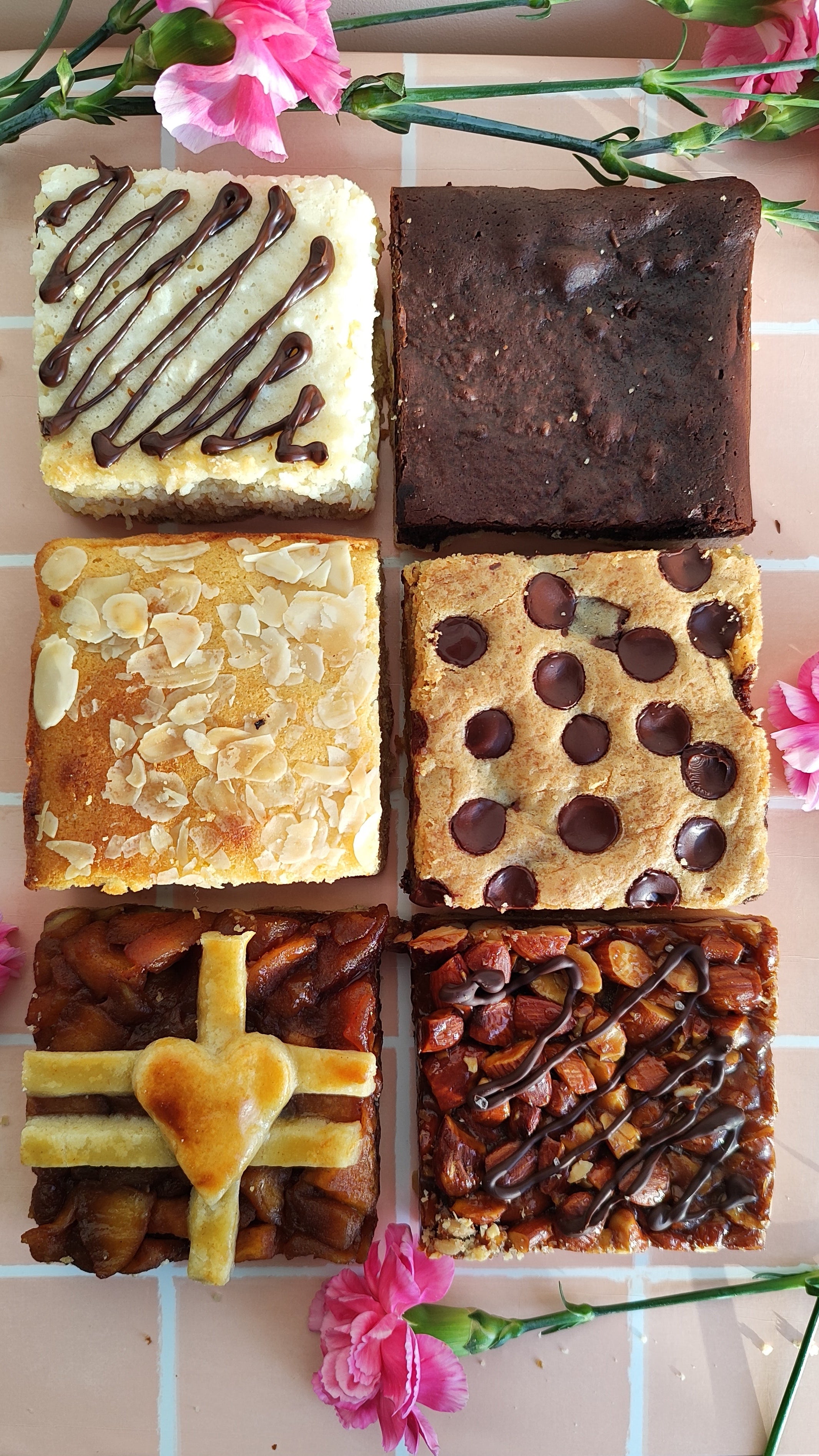 Six different types of pie bars arranged in a 3x2 grid with pink flowers around.